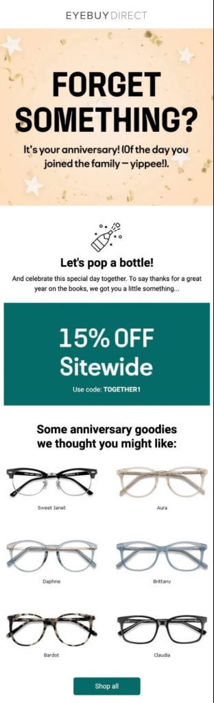 EyeBuyDirect anniversary discount email example